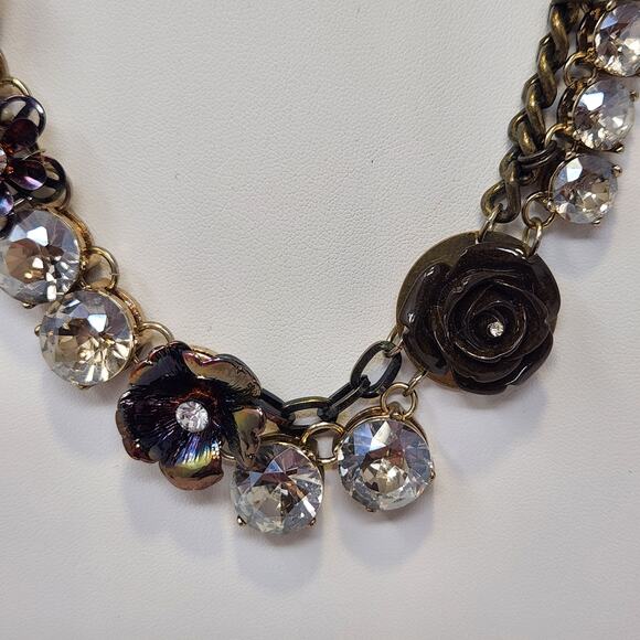 LOFT Flower Rhinestone Multi Tone Statement Chain Necklace Adjustable Chunky - Picture 3 of 8